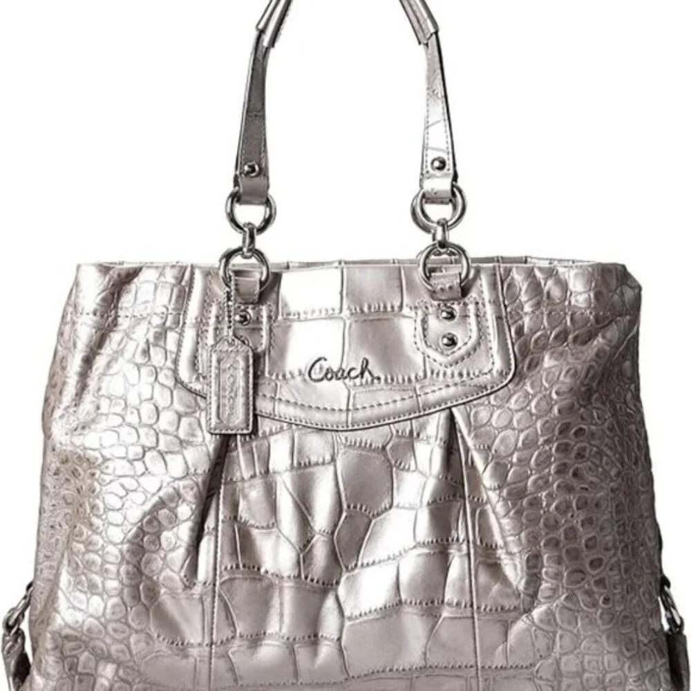 Euc Coach Ashley Crocodile Embossed Silver Leather Shoulder Bag
